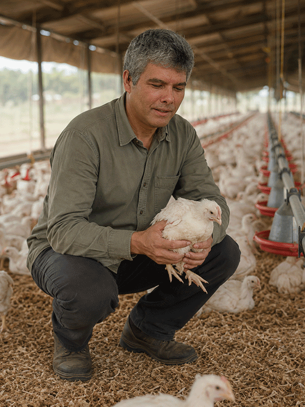 Dr. Marcelo Dias da Silva agachado dentro de um galpão de frango de corte, avaliando uma ave